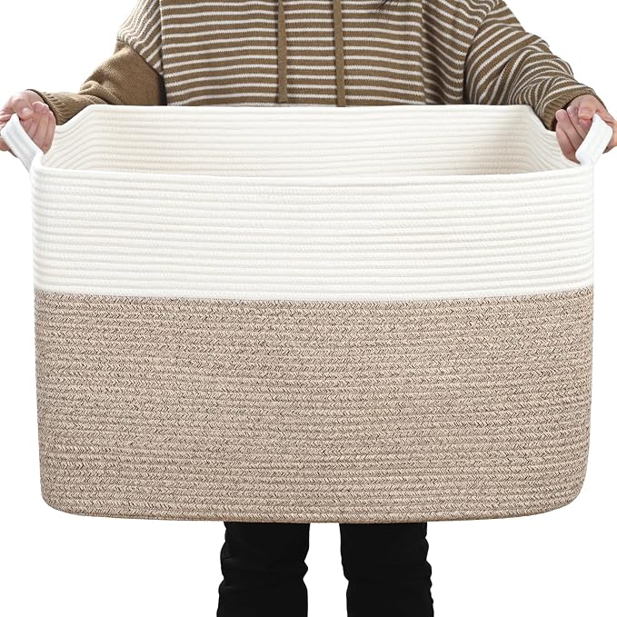 Large Blanket Basket, 100L Storage Baskets for Organizing, Woven Laundry Basket for Blankets, Cotton rope Blanket Storage for Living Room, Nursery Room, 24.8" L x 15.74" W x 15.74" H, Brown
