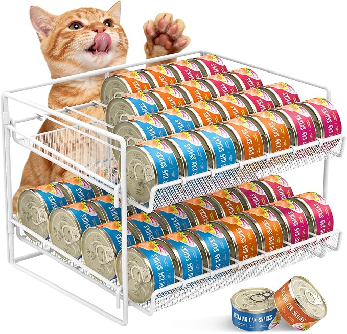 Cat Food Can Organizer 2-Tier Can Organizer for Pantry 56 Cans 3.5oz | White metal 2-tier cat food can organizer,Holds 56 cans 3.5oz,Adjustable pantry countertop storage for kitchen counter