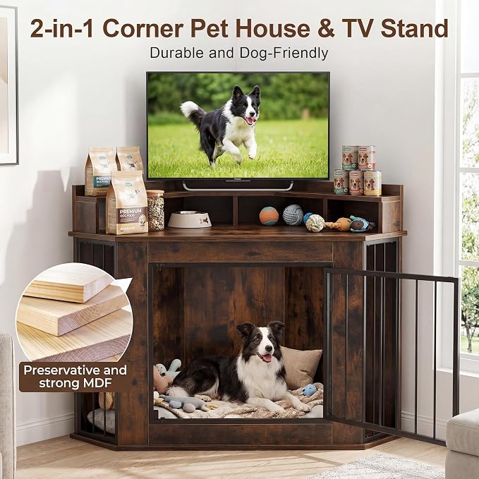 Corner Dog Crate Furniture for Small, Medium Dogs | Heavy Wooden Kennel, storage Shelves, Anti-Chew Design, Space-Saving, Indoor Use as TV Stand/Table