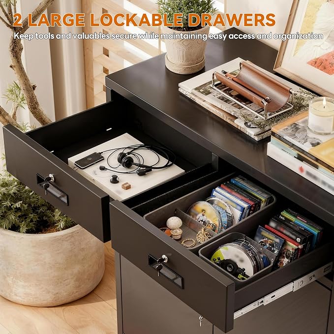 BESFUR Metal Garage Storage Cabinet with Two Lockable Drawers 2 Locking Doors and an Adjustable Shelf, 36" Black Metal Short Storage Cabinet for Home Office,Garage,School,Utility Room