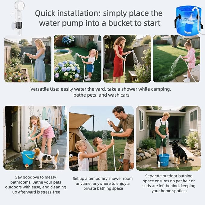 Portable Shower for Camping, Rechargeable Portable Camping Shower Pump with USB-C, Camp Shower with 3 Spray Modes, Outdoor Shower Kit for Camping, RV, Travel, Pet Bath, Watering Plants (+ Mesh Bag)