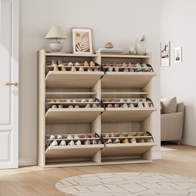 GarveeHome Shoe Cabinet with 6 Flip Drawers, Wooden Shoe Organizer Cabinet with Adjustable Shelf, Shoe Storage for Entryway, Hidden Shoe Cabinet for Hallway, Living Room, Natural Oak