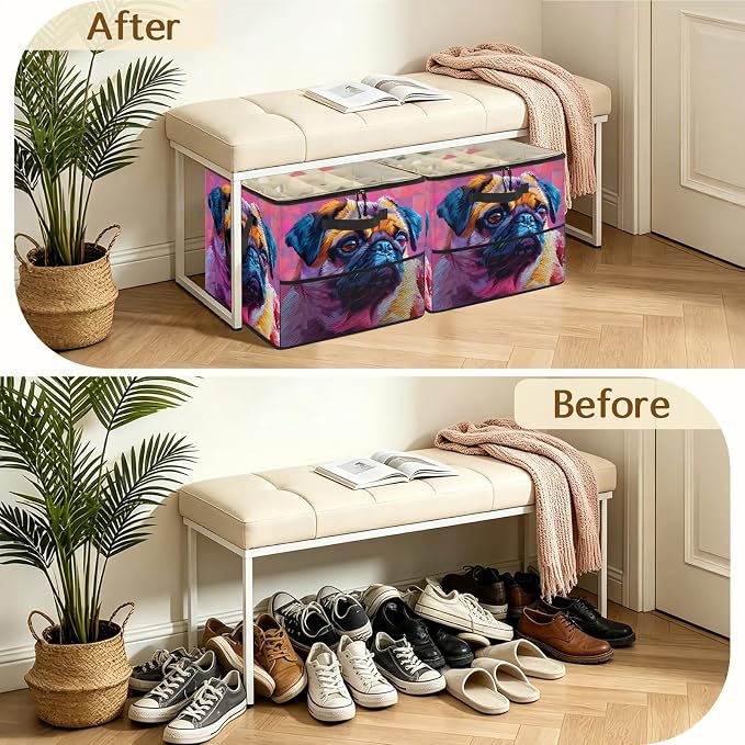 TropicalLife Funny Pug Dog Shoe Organizer for Closet | Foldable Shoe Storage Box Bin 16-32 Pair Shoe Storage for Sneakers, Boots & Heels with Adjustable Dividers, Clear Cover