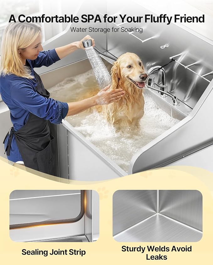VEVOR Professional 304 Stainless Steel Dog Bathing Station, 50 inch Pet Grooming Tub w/Anti-Slip ramp, Storage Drawer, Cold Hot Faucet Showerhead, for Large & Medium & Small (Right Door, with Drawer)