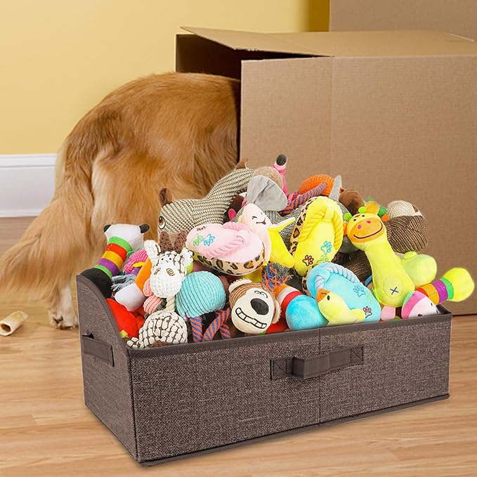 COWOSO Foldable Dog Toy Basket with 3 Handles, Pet Storage Box, Dark Brown | Portable Pet Toy Organizer for Dog Toys & Accessories, Low Front Design, Waterproof Collapsible Storage Bin for Living Room