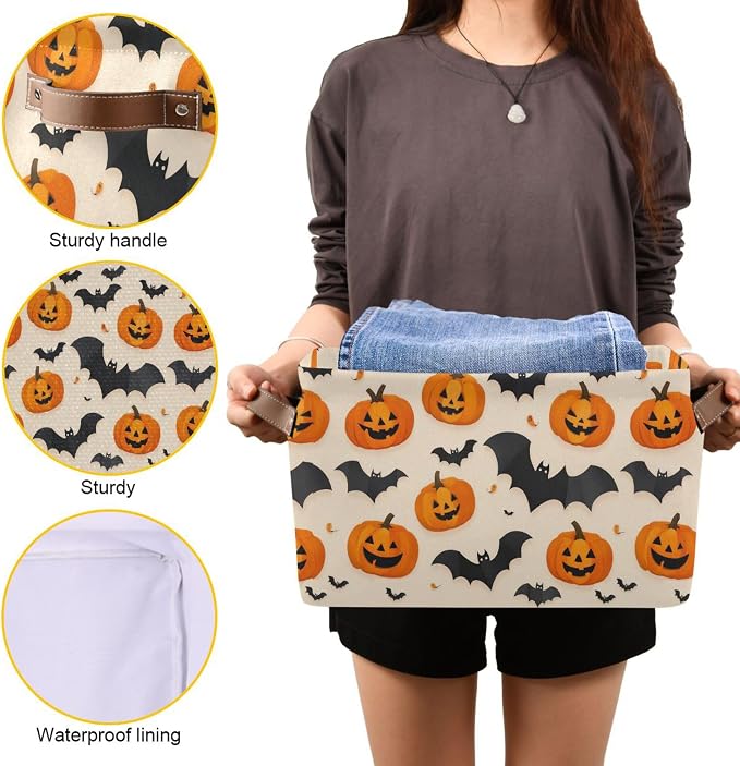 Wamika Happy Halloween Storage Basket with Waterproof Liner and PU Handles Spooky Pumpkin Black Bat Storage Bins Boxes 14.2" Collapsible Decorative Organizer Baskets for Bedroom Closet Office 2 Pack