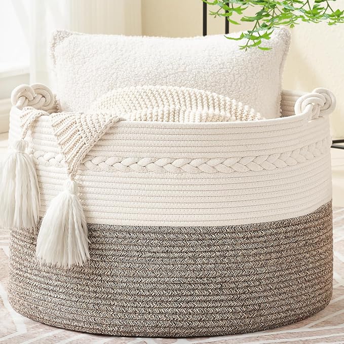 KAKAMAY Large Blanket Basket (20"x13"),Woven Baskets for storage Baby Laundry Hamper, Cotton Rope Blanket Basket for Living Room, Laundry, Nursery, Pillows, Baby Toy chest (White/Beige) | Extra Large Capacity | Natural Cotton Rope | Blanket Storage | W...