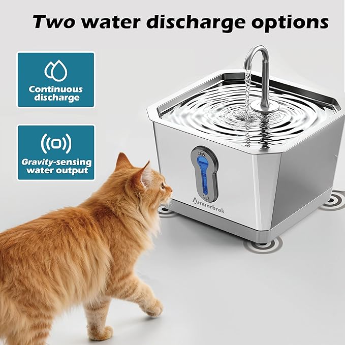 Amunrbrek Smart Cat Water Fountain with App, 3.5L Stainless Steel Gravity Pet Water Dispenser, Silent Pump, Low Water Alert & Drinking Tracking