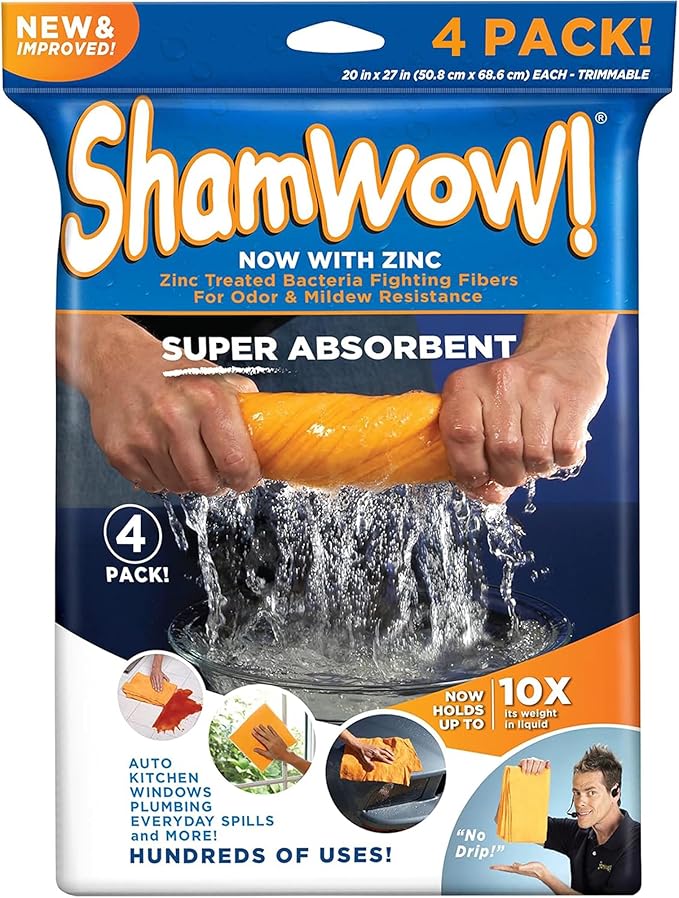 ShamWow 20"x27" Shammy Super Absorbent Multi-Purpose Home Cleaning, Chamois Towel for Cars, Lint-Free, Streak-Free & Scratch-Free, Holds 10x Its Weight, Machine Washable, (4-Pack, Orange)