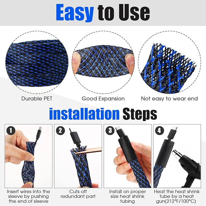 Tatuo 151 ft Braided Cable Sleeve Expandable Wire Sheathing(Blue, Black) | with 120 Heat Shrink Tubing 1/4 in 2/5 in 1/2 in 3/4 in Wire Sleeve Cord Management for Television Audio Computer Video Pets