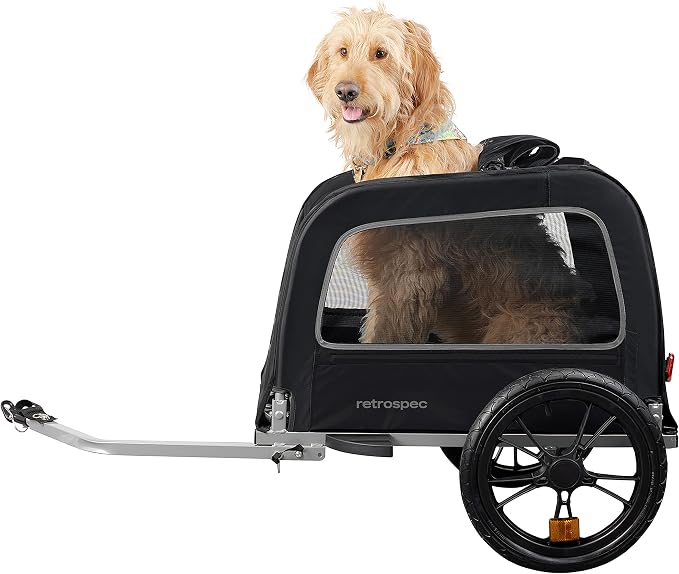 Retrospec Rover Waggin' Pet and Dog Bike Trailer with Weather-Resistant Canopy & Mesh Shield - Foldable Frame, 16in Wheels with Storage Pouch & Internal Safety Leash Supports up to 50 lbs