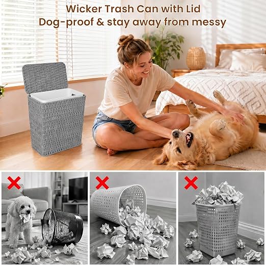 Wicker Trash Can,3 Gallon Bathroom Trash Can with Lid,Handwoven Paper Rope Rattan Waste Basket with Removable Liner and Built-in Handles for Bedroom,Toilet,Narrow Spaces,Grey
