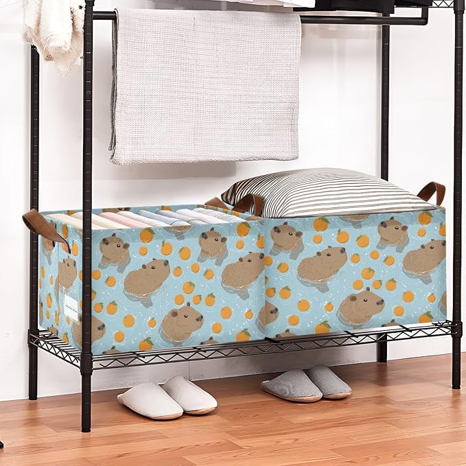 Orange and Swimming Capybara Storage Basket Foldable Cube Storage Bins with Handles&Label Waterproof Collapsible Organizer Box Bin Large Rectangle Decorative Baskets for Shelves Home Room Laundry