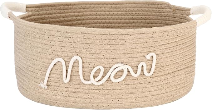 Sea Team Cat Toy Storage Basket with Handles, Beige Meow | Large Cotton Rope Storage Bin, Shelf Basket, Organizer for Pet Chew Toys, Foods, 16.5 x 11 x 7 Inches, 4.4 Gallons