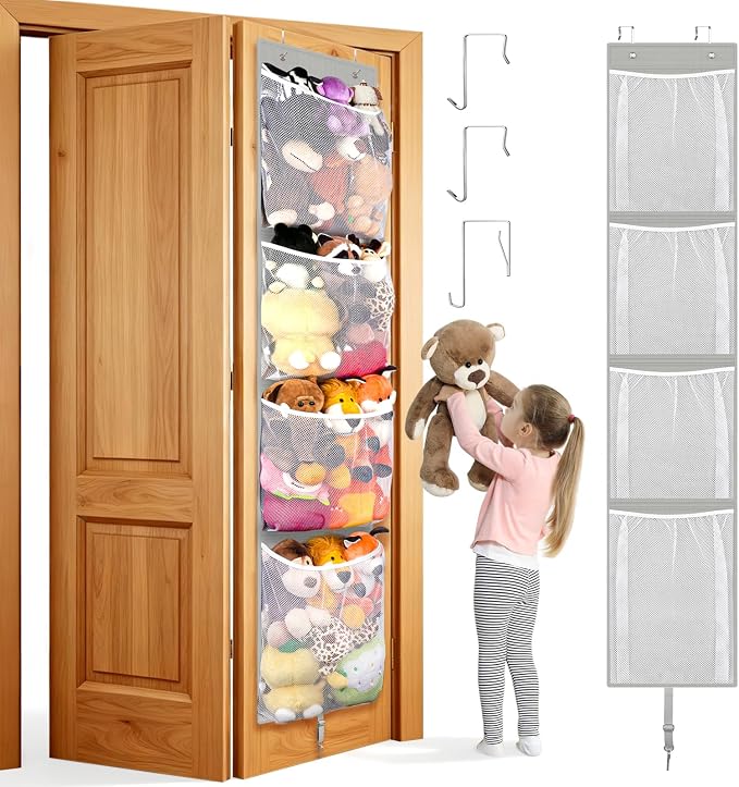 Stuffed Animal Storage Over Door, Hanging Plush Toy Organizer Holder | Gray Baby Doll & Bear Accessory Storage Idea, 12 Inch Wide Mesh Bag, Bi-Fold Behind Door Nursery Closet Girl Boy Kid Room
