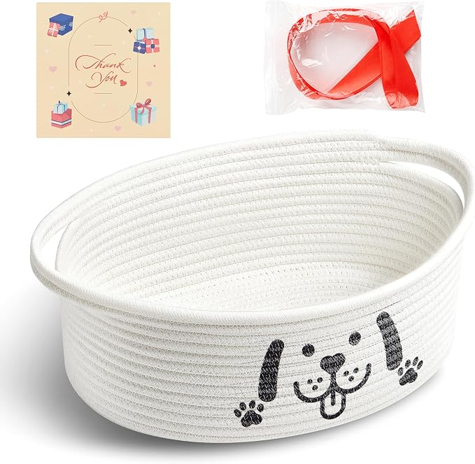 Bufims Small Woven Dog Gifts Basket for Storage Empty Dog Toy Bins Organizer with Ribbons and Bags Durable Cute Pet Gifts 12"X 8" X 5" Small Rope Basket for Gifting