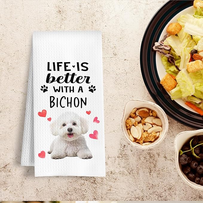 Funny Bichon Kitchen Towels, Life is Better with a Bichon Dish Towel for Kitchen Home Bathroom Decor, Dog Lovers Gift, 16×24 Inch