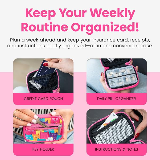 Made Easy Kit Pill Case for Everyday and Travel - 7-Day Weekly Medicine Supplement Vitamin Organizer Sorter Tracker - Neoprene Bag with Pockets - Compact Portable 8 Compartments (Multicolor Cats)