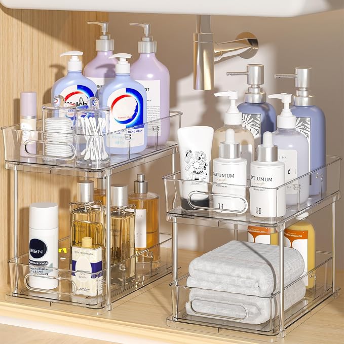 Delamu 2 Tier Under Sink Organizer Bathroom, Bathroom Cabinet Organizer with Snap-Lock Design and Hooks, Pull Out Storage with Movable Dividers, for Countertop, Kitchen and Pantry (Clear, 2 Pack)