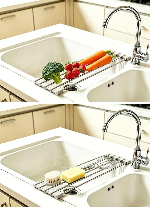 Ahyuan Roll up Dish Drying Rack Over The Sink Kitchen Roll up Sink Drying Rack Portable Dish Drainer Foldable Dish Drying Rack (Warm Gray, 17.8''X3.7'')