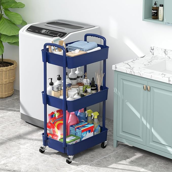 Sywhitta 3-Tier Plastic Rolling Utility Cart with Wheels for Storage,Blue | Multi-Functional Storage Trolley, for Office, Living Room, Kitchen, Bathroom,Movable Organizer,Space-Saving,Easy to assemble