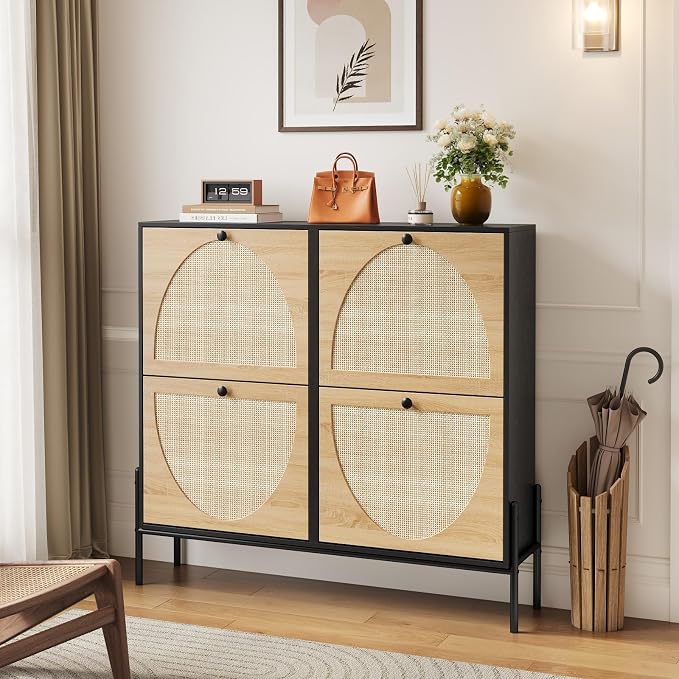 Rattan Shoe Cabinet Storage,Narrow Shoe Rack for Entryway with 4 Flip Drawers, Freestanding Wooden Shoe Organizer Cabinet with Metal Legs for Hallway (Black + Natural, 4 Flip Drawers)