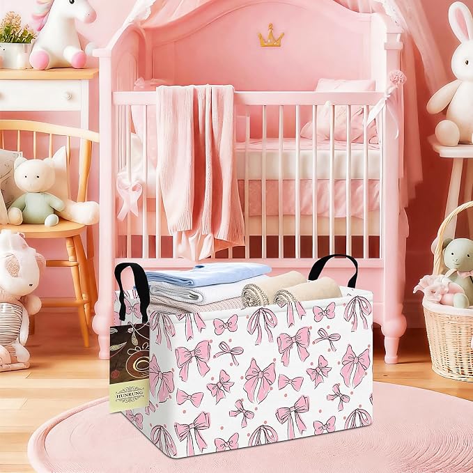 Rectangle Foldable Storage Basket Handles For Home, Pink Bow | Waterproof canvas material, reinforced handles, perfect for shelf use, organizes clothes, daily items and pet supplies