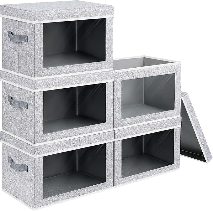 Stackable Storage Bins with Lids - Medium Storage Box with Lids, Foldable Closet Boxes for Organizing, Wardrobe Clothes Organizer with Window, Cubes Bins for Living Room, 5 Pack, Blended