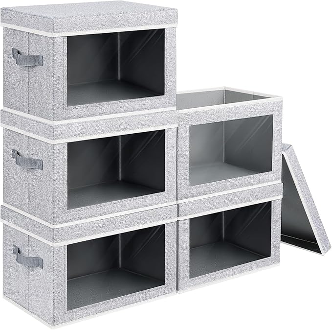 Stackable Storage Bins with Lids - Large Decorative Basket with Lids, Fabric Foldable Closet Organizer Bins, Shelf Organizer for Living Room, Dorm, 5 Pack, Blended