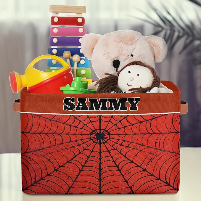 Custom Storage Basket, Personalized Name Rectangle Organizer Bin Spider Web Red Black for Pet/Children Toys, Books, Clothes, Perfect for Rooms/Playroom