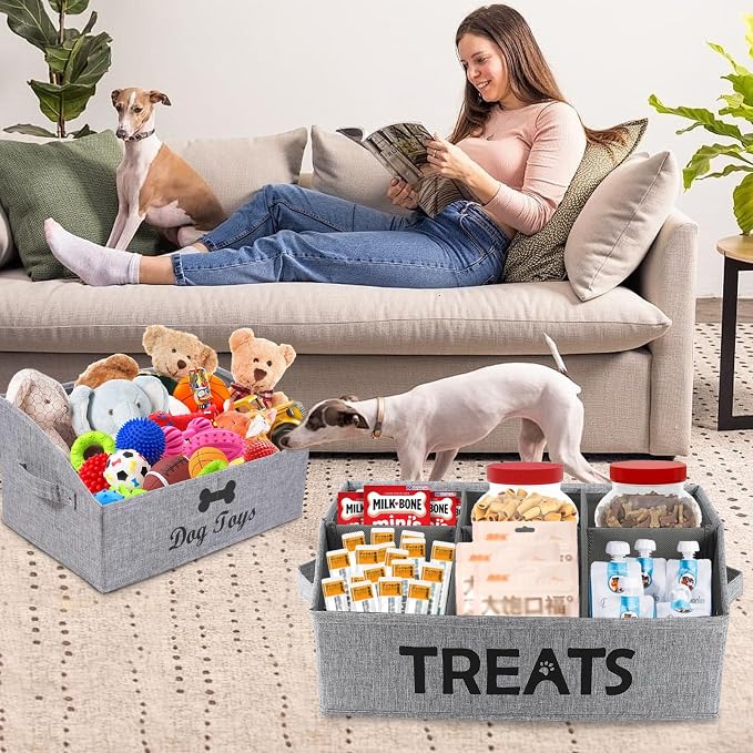 2pack Dog Storage Organizer,Trapezoid Dog Toy Basket,Dog Treat Container with handle,Collapsible Fabric Storage Box for Dog Toys and Dog Treats,Dog Treat Station with removable dividers-Grey