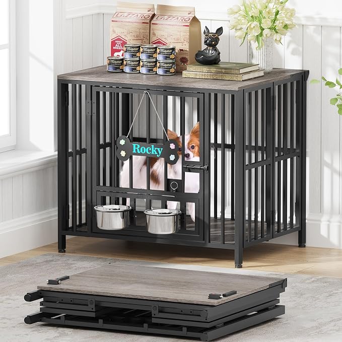 Easycom 27" Foldable Dog Crate Furniture, No Assembly, Oak Grey | Decorative Wooden Dog Kennel Indoor with Adjustable Bowls and Name Tag, Small Dogs (Under 20 lbs), End Table