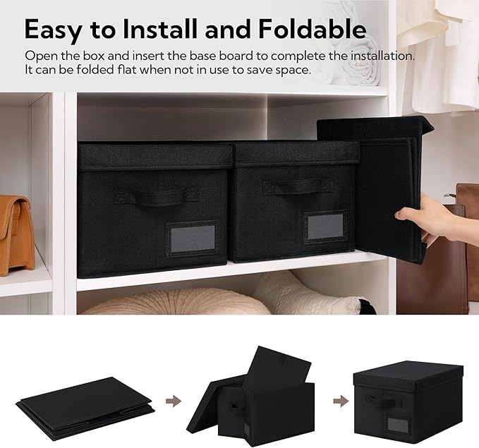 GRANNY SAYS Storage Bins with Lids, Decorative Storage Boxes with Lids | Storage Box with Dust Cover, Handles & Lable, Collapsible, Ideal for Closet Clothes Blanket Toys, Medium, Black, 3-Pack