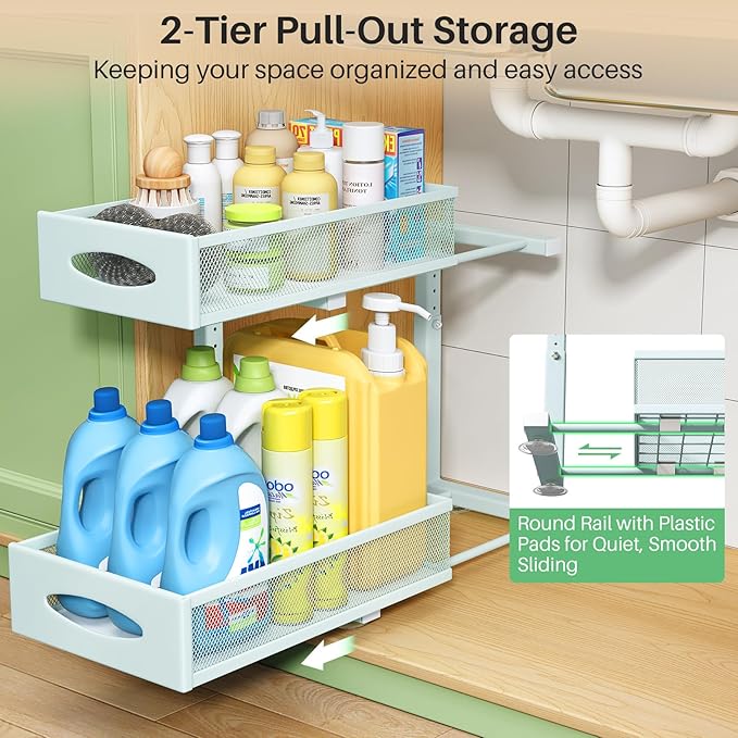 Under Sink Organizer, 2 Tier Pull out Cabinet Organizer Baskets with Mesh Sliding Drawers, Slide out Storage Shelf for Home, Kitchen, Bathroom, Pantry, Office Cabinet(1 Pack, Blue)