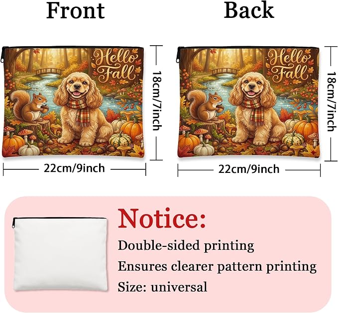 Fall Cocker Spaniel Dog Makeup Bag, Holiday Funny Forest Cosmetic Travel Pouch for Women, Portable Small Canvas Zipper Organizer, Autumn Toiletry Bag 7x9 Inch
