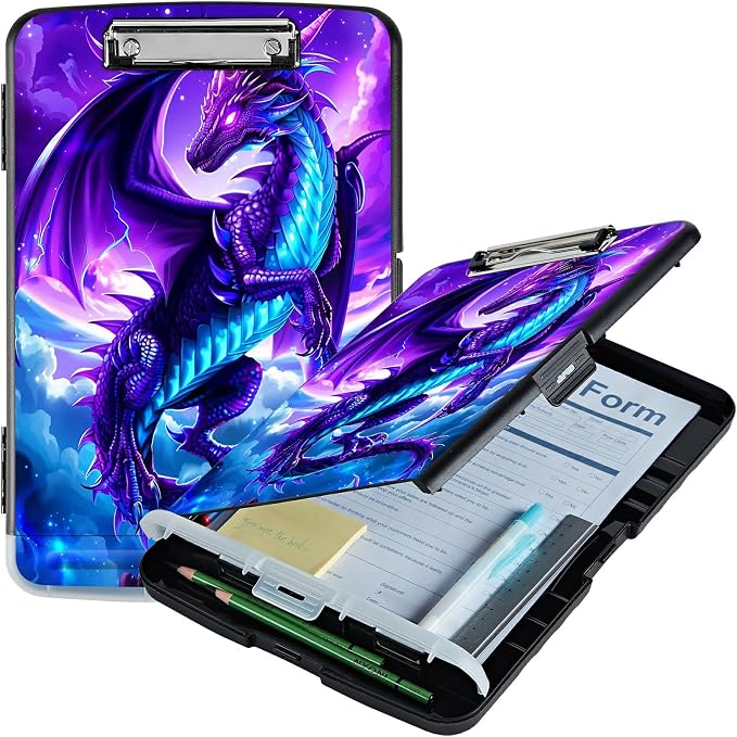 A4 Clipboard with Storage Pen Holder, Clipboards Organizer Nursing Clipboard Foldable File Folder Plastic Clipboard Folio Clip Board for Office Work Classroom Doctor, Galaxy Purple Dragon