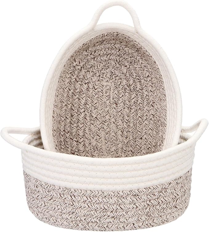 Sea Team 2-Pack Compact Woven Cotton Rope Storage Baskets, Mottled Brown | Knitted Decorative Organizer Bins with Handles, Portable Oval Containers for Small Items, Keys, Makeup, Jewelry, Trinkets