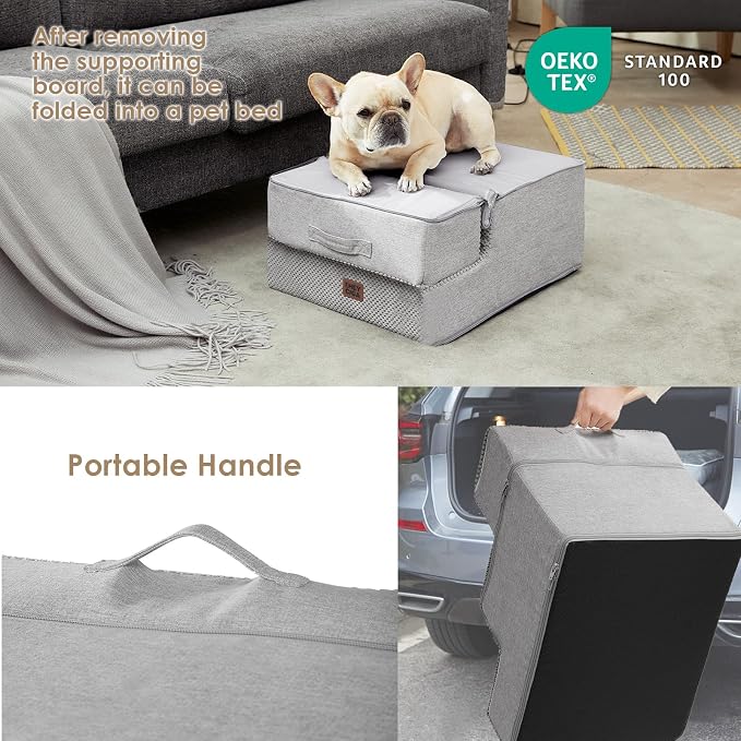 EHEYCIGA Dog Stairs for Small Dogs 13.5" H, 3-Step Dog Steps for Cats, Light Grey