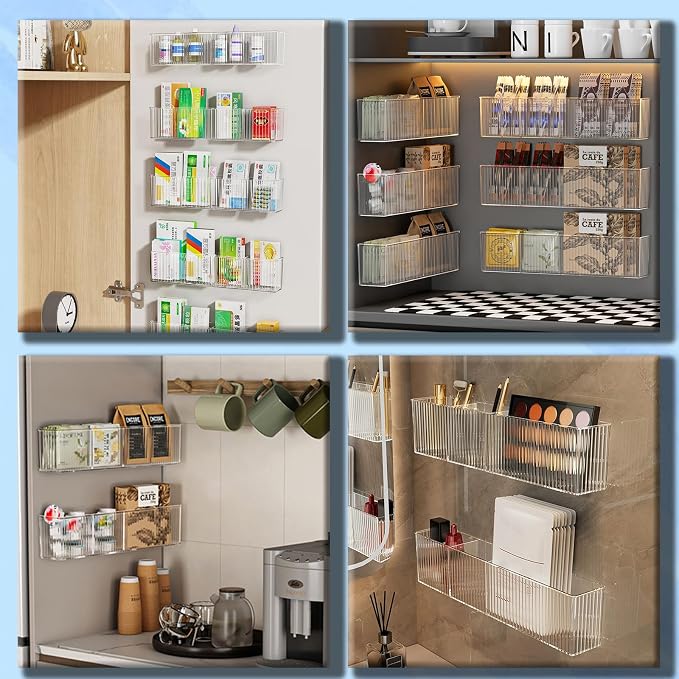 Lae Nuvole Wall Organizer, 2-Pack Clear Adhesive Shelves for Narrow Space | 3 Compartments, Slim 2.28" Depth, No-Drill Adhesive Mount, renter friendly, for Bathroom Vanity, Office, Cabinet Door