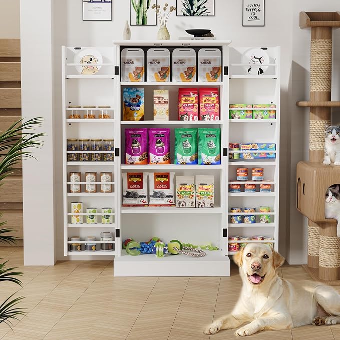 Saudism 47" Dog Food Storage Cabinet with Adjustable Shelves, White | Freestanding Pet Storage Container Organizer for Living Room and Dinning Room