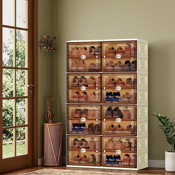 White Shoe Rack Organizer for 32 Pairs of Folding Design | Tool-free Assembly, Magnetic Clear Door, Anti-Tiping, Sneaker Storage, adjustable shelf, Folding Design, Garage, Entryway
