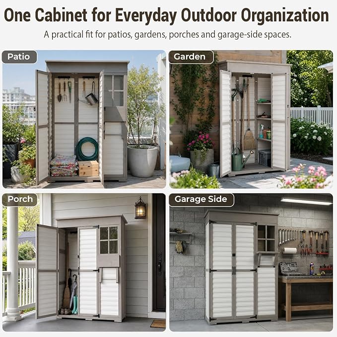 Ketive Outdoor Storage Cabinet, Fold-Down Shelf, 3 Shelves, 6 Hooks | Fir wood frame, textured plastic panels, and a sloped roof for patios, porches, gardens, and sheltered outdoor areas.