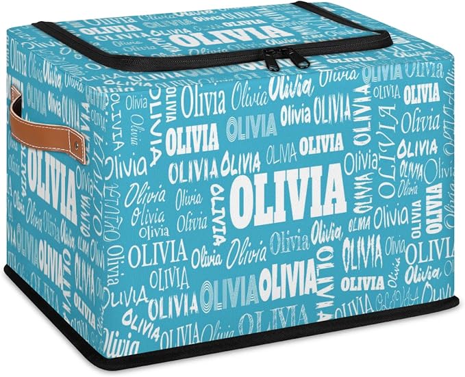 Personalized Foldable Storage Basket with Name, Zipper Lid Laundry Hamper Dirty Clothes Pet Toys Storage Bin with Handles for Shelf Home Closet Kitchen, Sky Blue Solid Color