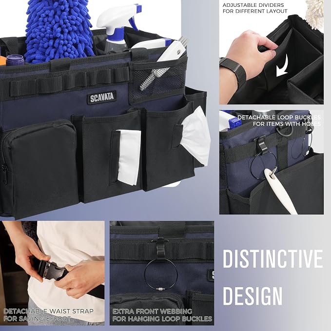 SCAVATA Wearable Cleaning Caddy Bag, Cleaning Caddy Supplies Organizer with Handle & Shoulder Straps for Housekeepers, Under Sink & Car Cleaning Tool Organizers with 4 Foldable Divider Navy (DarkBlue)