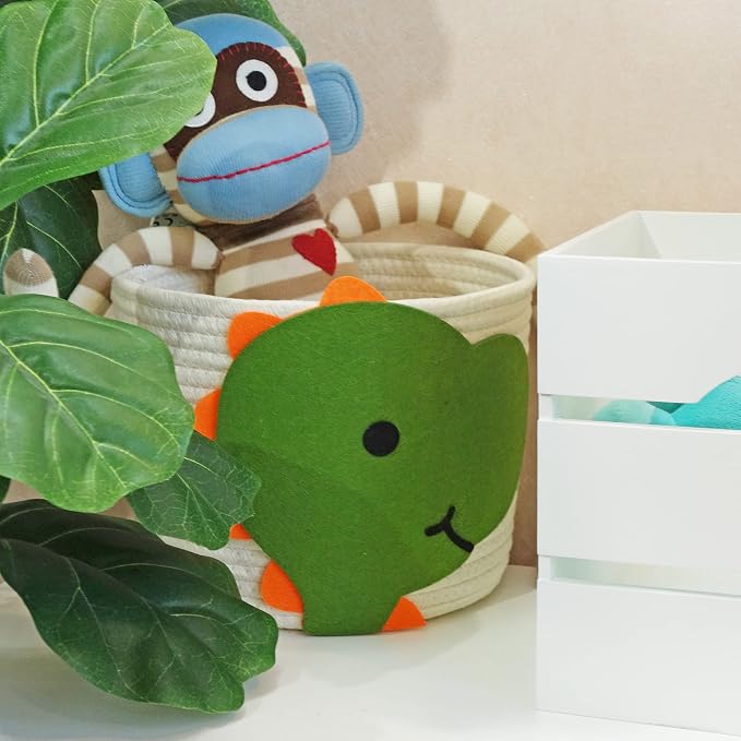 T&T Homewares Small Cotton Rope Baskets with Dianosaur Theme Design for Baby Diaper Organizer, Nursery Storage, Nursery Room Decor, Kids Room Organizer, Cat Dog Toy Storage (Small Dinosaur)