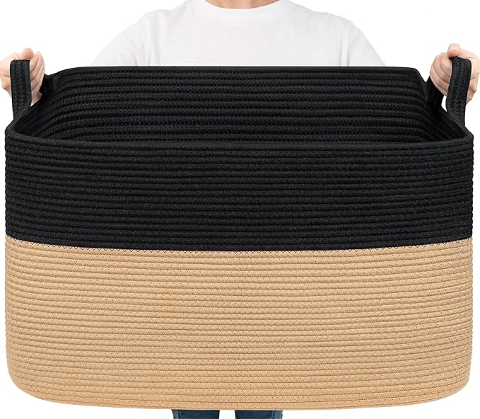 Goodpick 85L Large Woven Rope Blanket Basket, Rectangle, Black & Camel | 23.6'' x 15.7'' x 13.8'' Wicker Storage Basket for Blankets, Pillows & Toys, Home Organization & Decor, Reinforced Handles