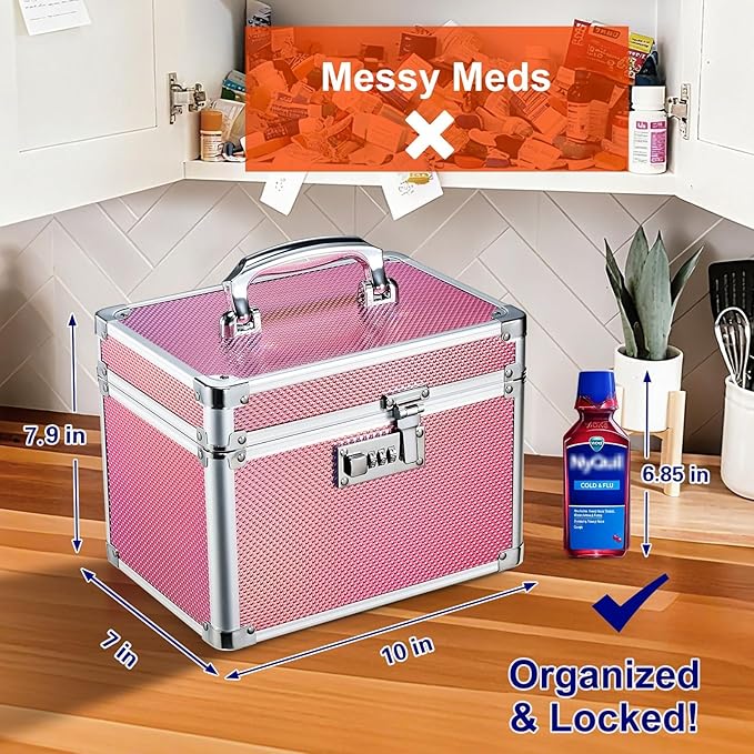 Medicine Lock Box with 3-Digit Combination Lock – Pink Lockable Storage Box for Medication, Small Lock Box for Valuables, 10"x7"x7.9" Locking Medicine Box for Home Travel Dorm