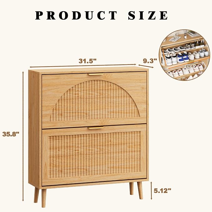 Shoe Storage Cabinet with 2 Flip Drawers, Narrow Wood Shoe Organizer Cabinet with Fluted Panel, Slim Shoe Rack for Entryway, Freestanding Shoe Cabinet for Living Room, Hallway, Wood Color