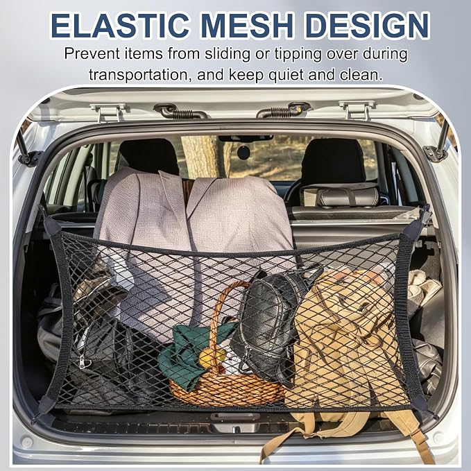 PATIKIL Truck Cargo Net, (27.6 x 19.7 Inch, Black) with Base and D-Ring | Double Elastic Adjustable Trunk Bed Net Stretchable Mesh Storage Organizer Heavy Duty for Pickup Trucks SUV Cars