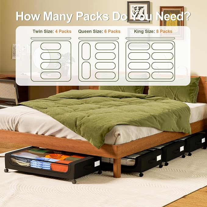 GoMaihe Under Bed Storage with Wheels 48L Black 4-Pack | Underbed Storage Containers with Lids Rolling Drawers & Bins for Shoes Clothes in Dorm Bedroom - Space-Saving Easy Pull-out